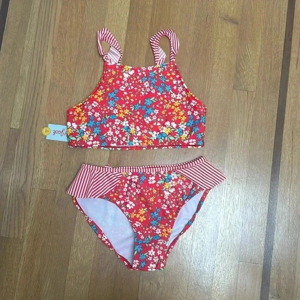 BNWT girls 2 piece red floral swim suit